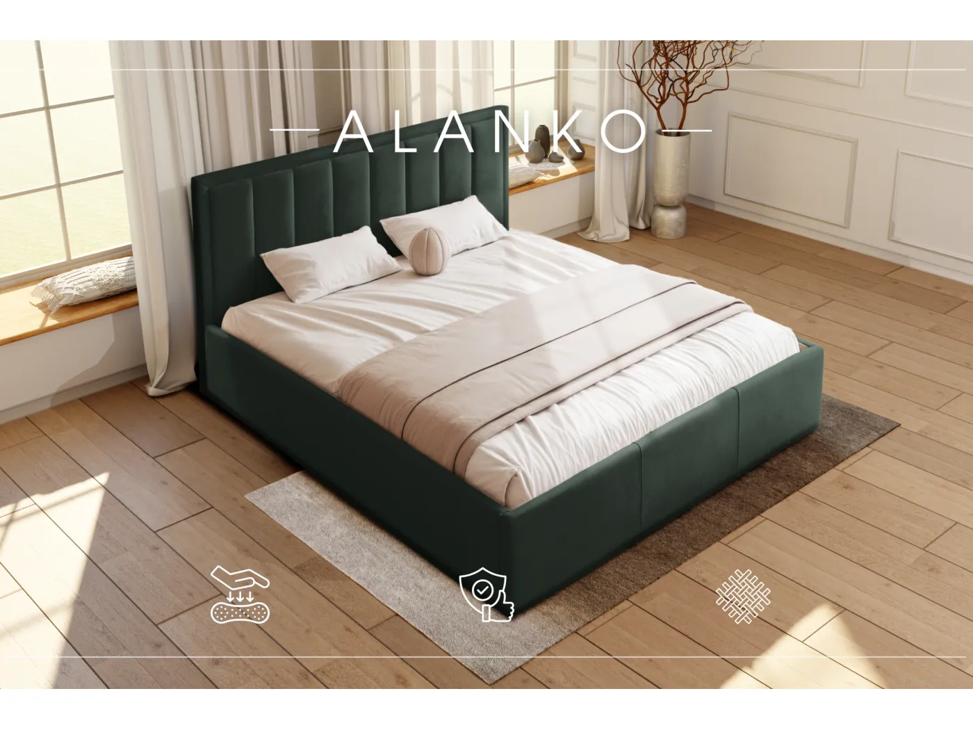 POLSTERBETT mit Bettkasten Alanko Welur Stoffe 140x200 cm, Opera Dunkelgrün
