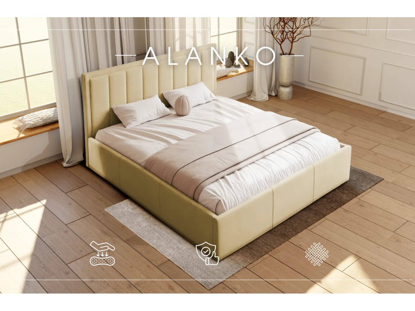 POLSTERBETT mit Bettkasten Alanko Welur Stoffe 160x200 cm, Opera Beige