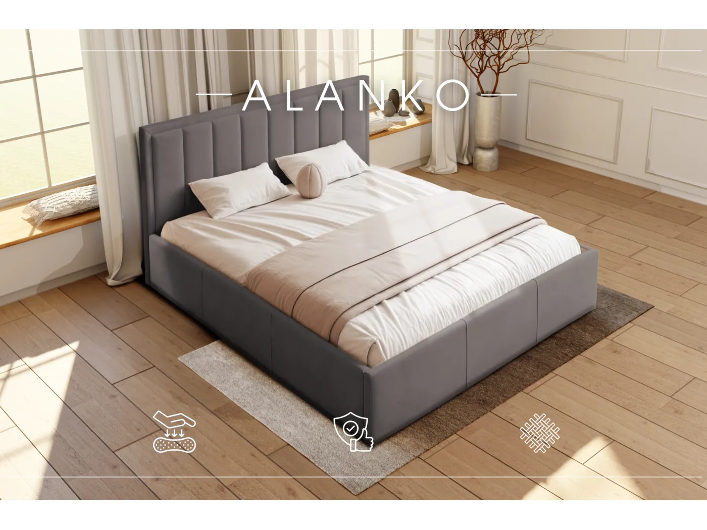 POLSTERBETT mit Bettkasten Alanko Welur Stoffe 140x200 cm, Opera Stahl