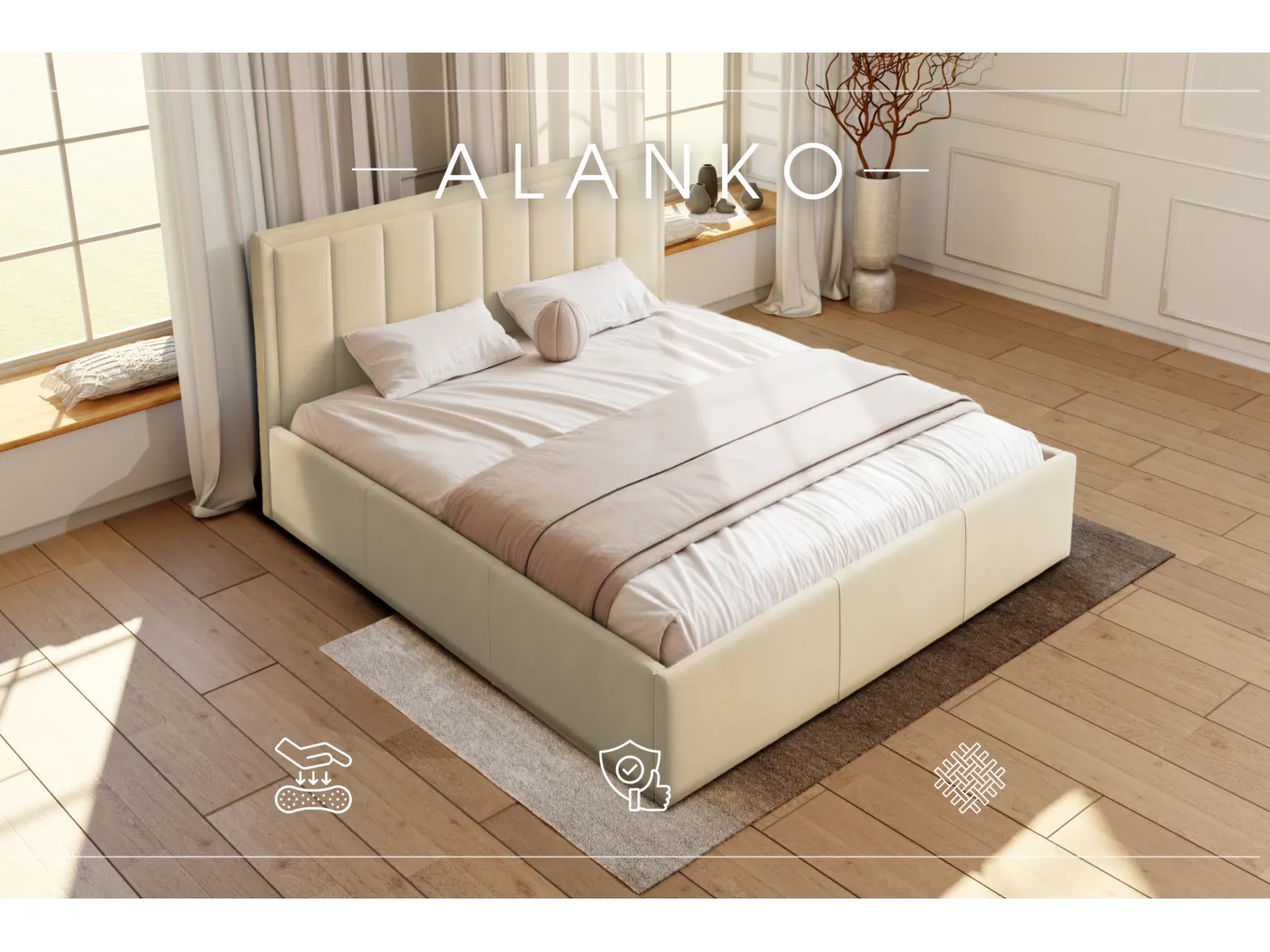 POLSTERBETT mit Bettkasten Alanko Welur Stoffe 140x200 cm, Opera Creme