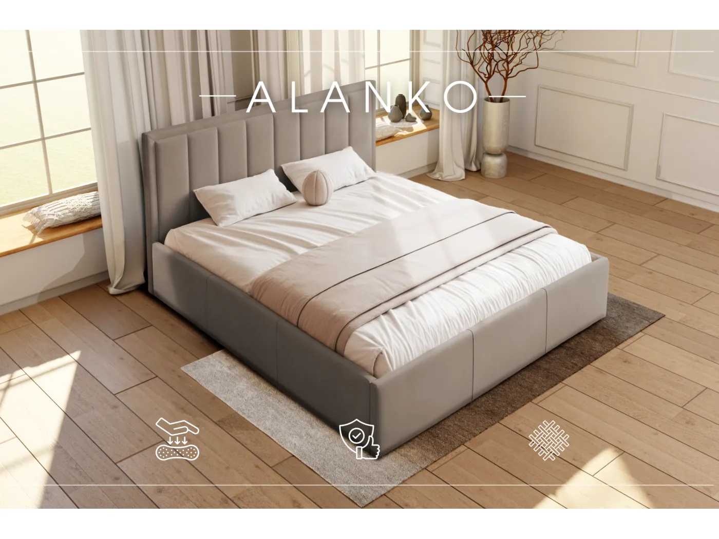 POLSTERBETT mit Bettkasten Alanko Welur Stoffe 180x200 cm, Opera Maus