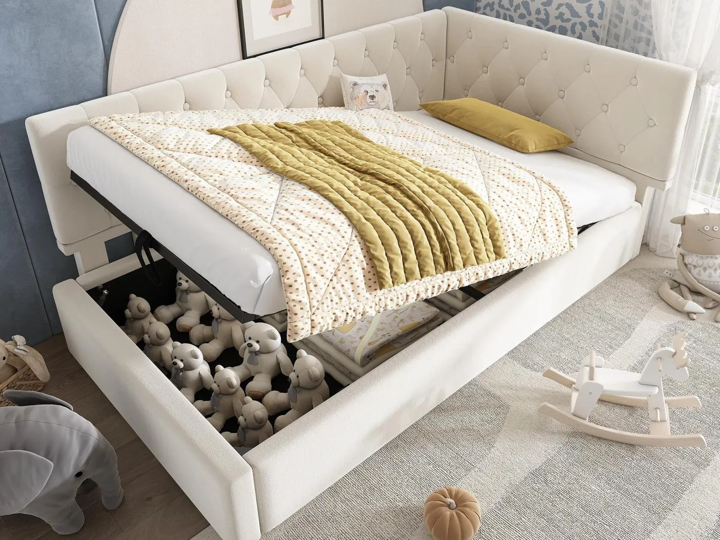 Sofabett mit Stauraum 90×190 cm - aus Veloursstoff - mit Lattenrost - beige (ohne Matratze)