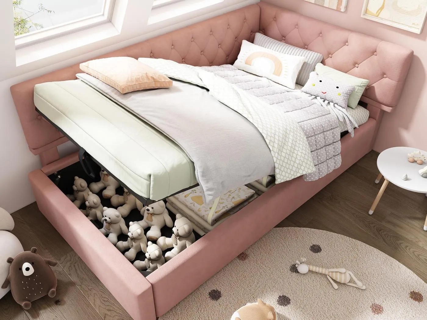 Sofabett mit Stauraum 90×190 cm - aus Veloursstoff - mit Lattenrost - rosa (ohne Matratze)