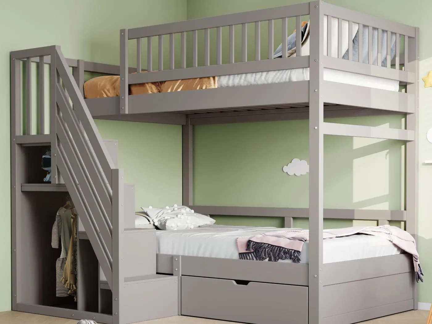 Etagenbett 90x200cm - mit Sicherheitsleiter - mit 1 Schublade - mit Lattenrost - Grau (ohne Matratze)