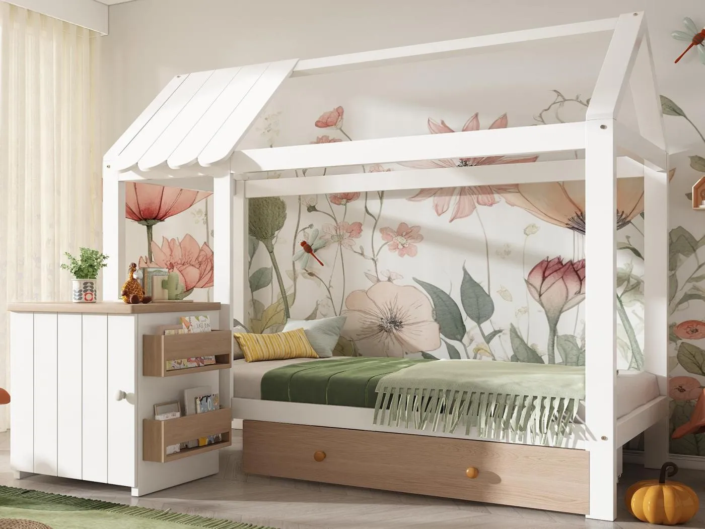 Hausbett 90x200 cm - mit 1 Schublade und abnehmbarem Nachttisch - in Hausform - aus Massivholz - Weiß+Natur