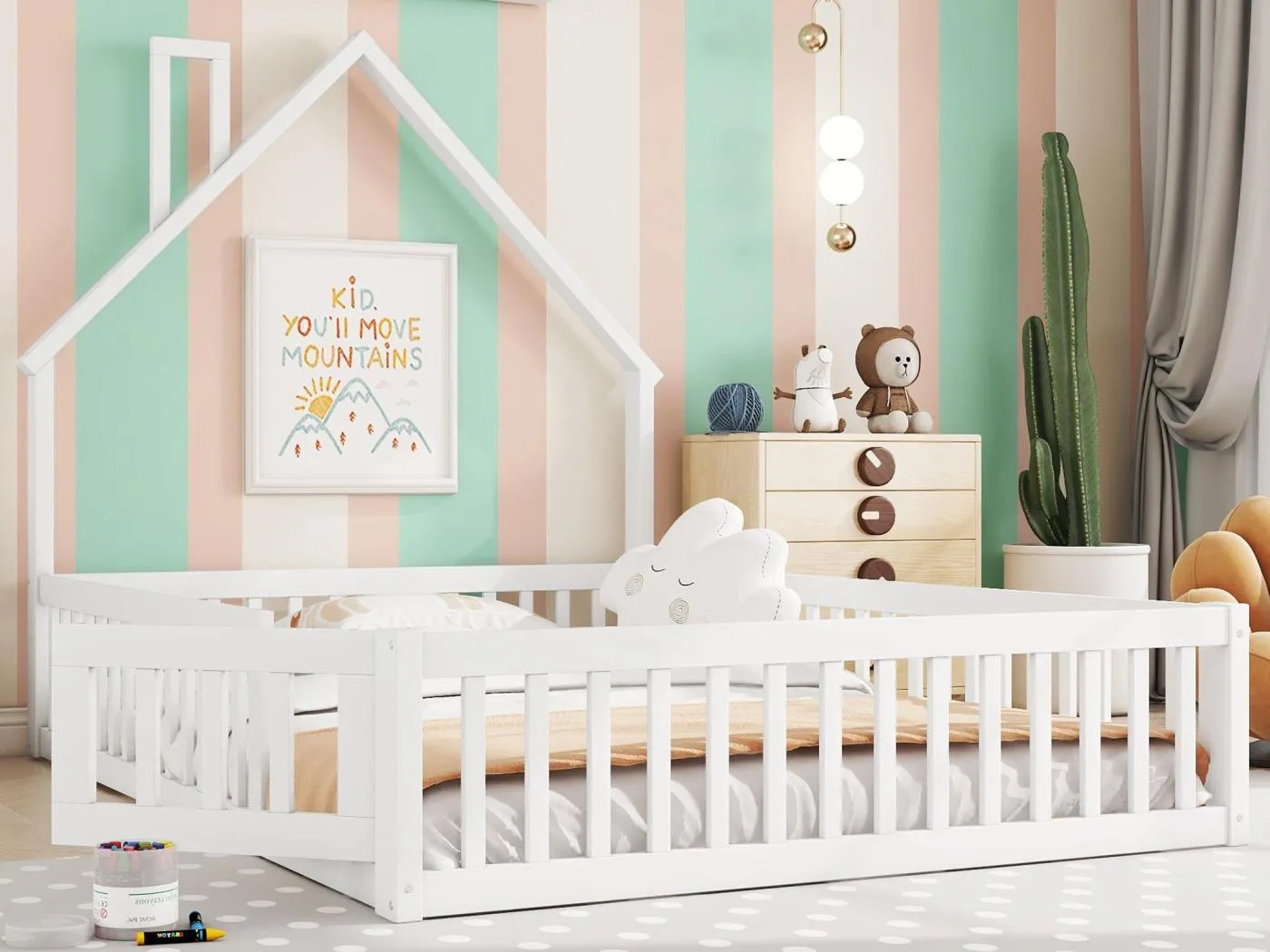 Kinderhausbett 140×190 cm - Bett mit Lattenrost - Massivholz - Weiß (ohne Matratze)