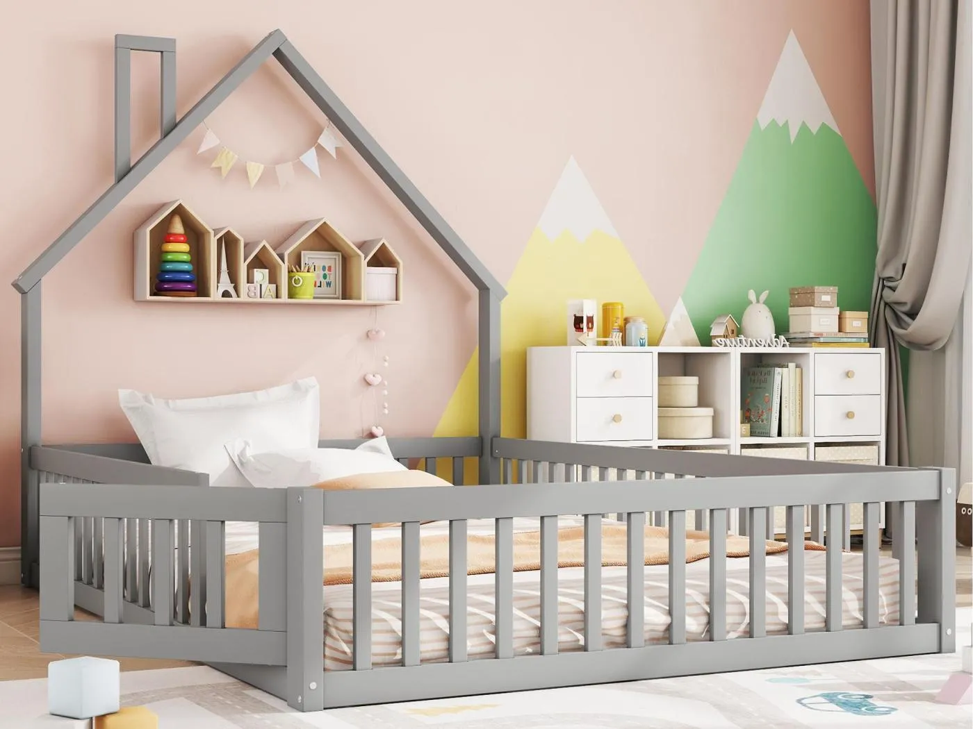 Kinderhausbett 140×190 cm - Bett mit Lattenrost - Massivholz - Grau (ohne Matratze)