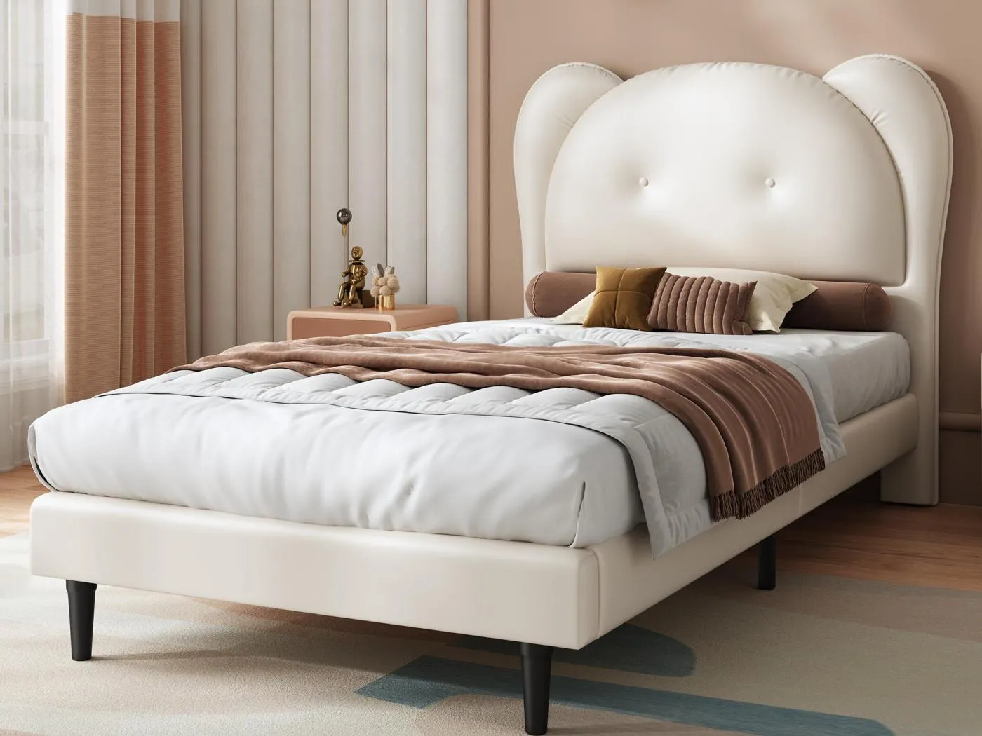 Gepolstertes Kinderbett 90x200 cm - Kopfteil in Tierform - mit Lattenrost - PU - Beige (ohne Matratze)