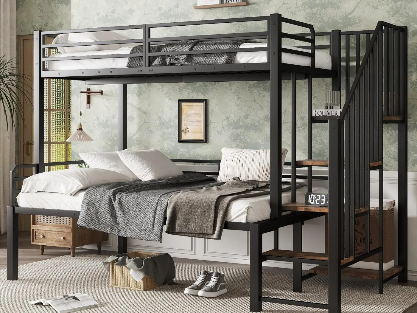 Etagenbett 90×200 cm + 120×200 cm - Sicherheitsleiter mit 4 Sprossen - Metall + MDF - Schwarz + Natur