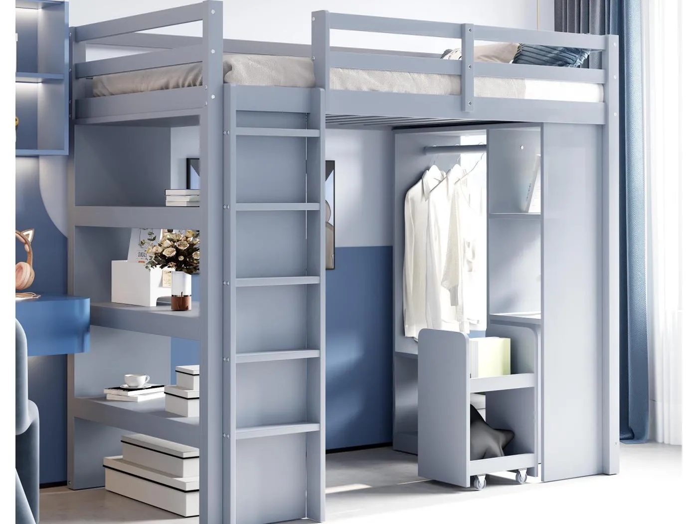 Kinderhochbett 90×200 cm - mit Kleiderhaken + Stauraum - mit 1 mobilem Aufbewahrungswagen - grau (Matratze nicht enthalten)