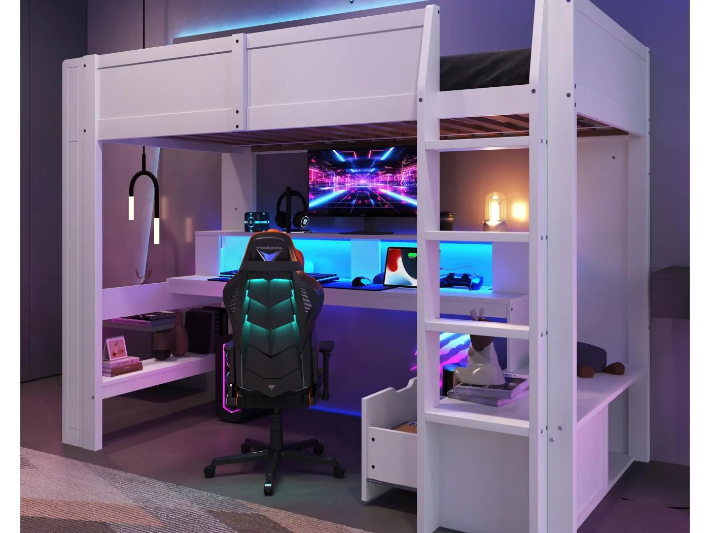 Hochbett 90×200 cm - mit Schreibtisch - mit LED-Beleuchtung - mit 1 Schublade - mit Regal - weiß (ohne Matratze)