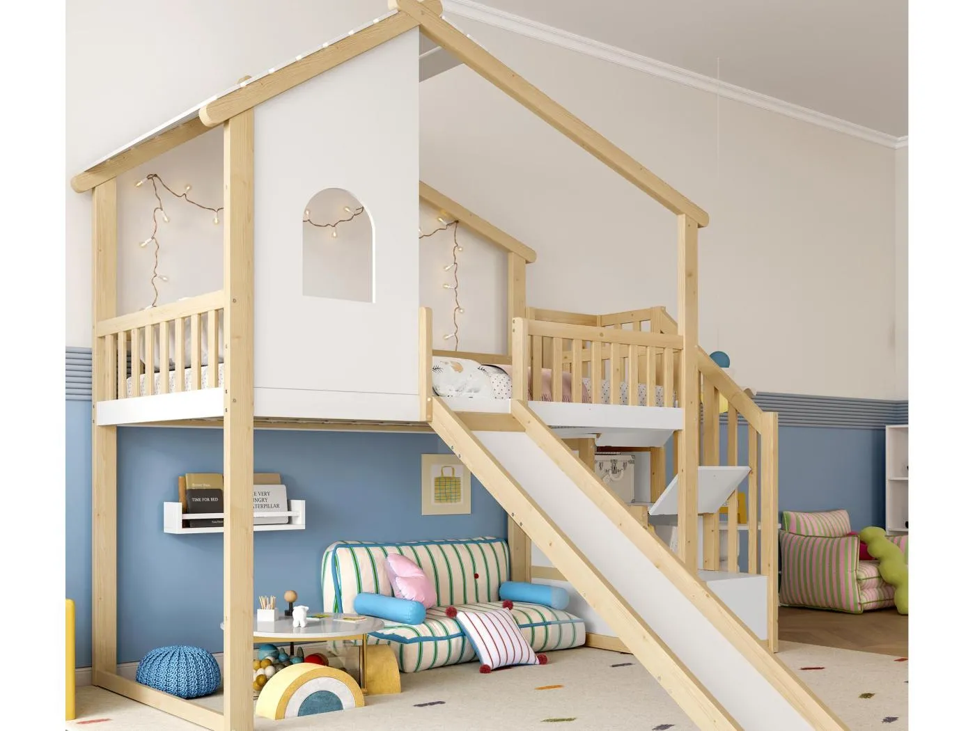 Hochbett 90×200 cm - mit Aufstiegsleiter mit Staufach - mit Rutsche - mit Sicherheitsgittern - natur + weiß (Matratze nicht enthalten)