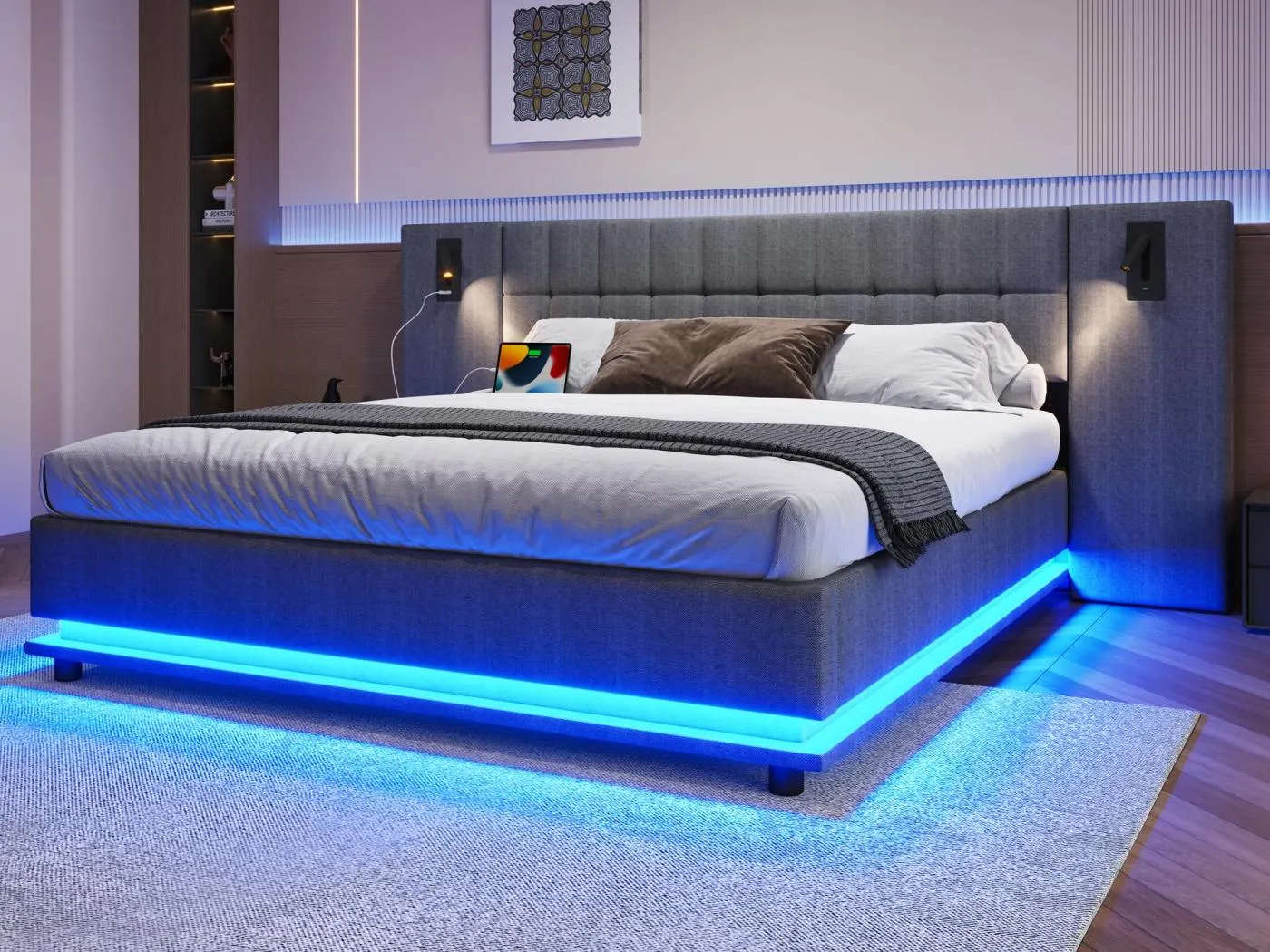 Gepolstertes Doppelbett 180×200 cm - mit LED-Lichtleiste - Kopfteil mit Spots - mit USB-Anschluss - Leinen - grau (ohne Matratze)