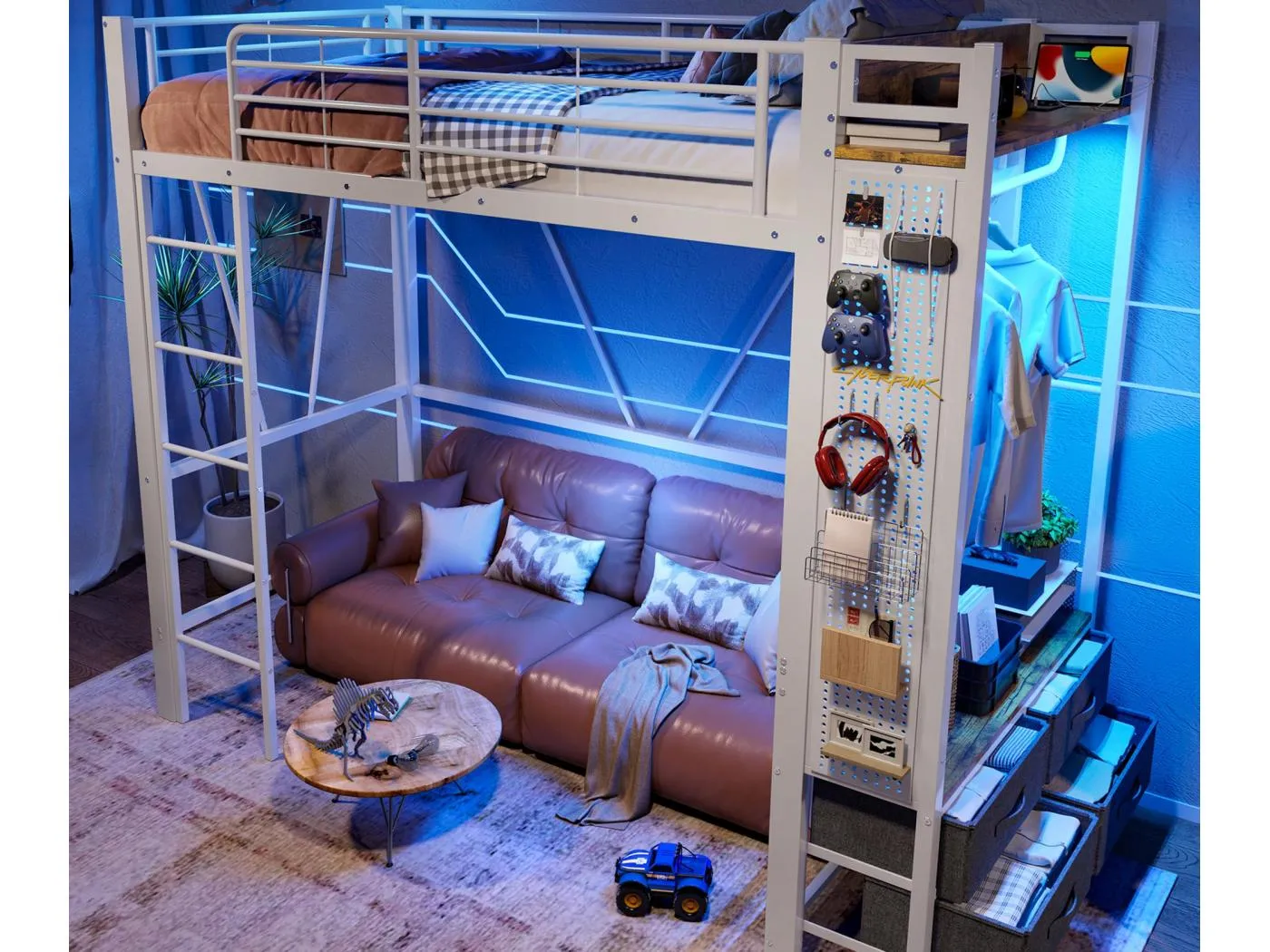 Hochbett 90×200 cm - mit Wäschestange - 4 Schubladen - mit USB/TYPE-C-Anschluss - LED-Beleuchtung - weiß