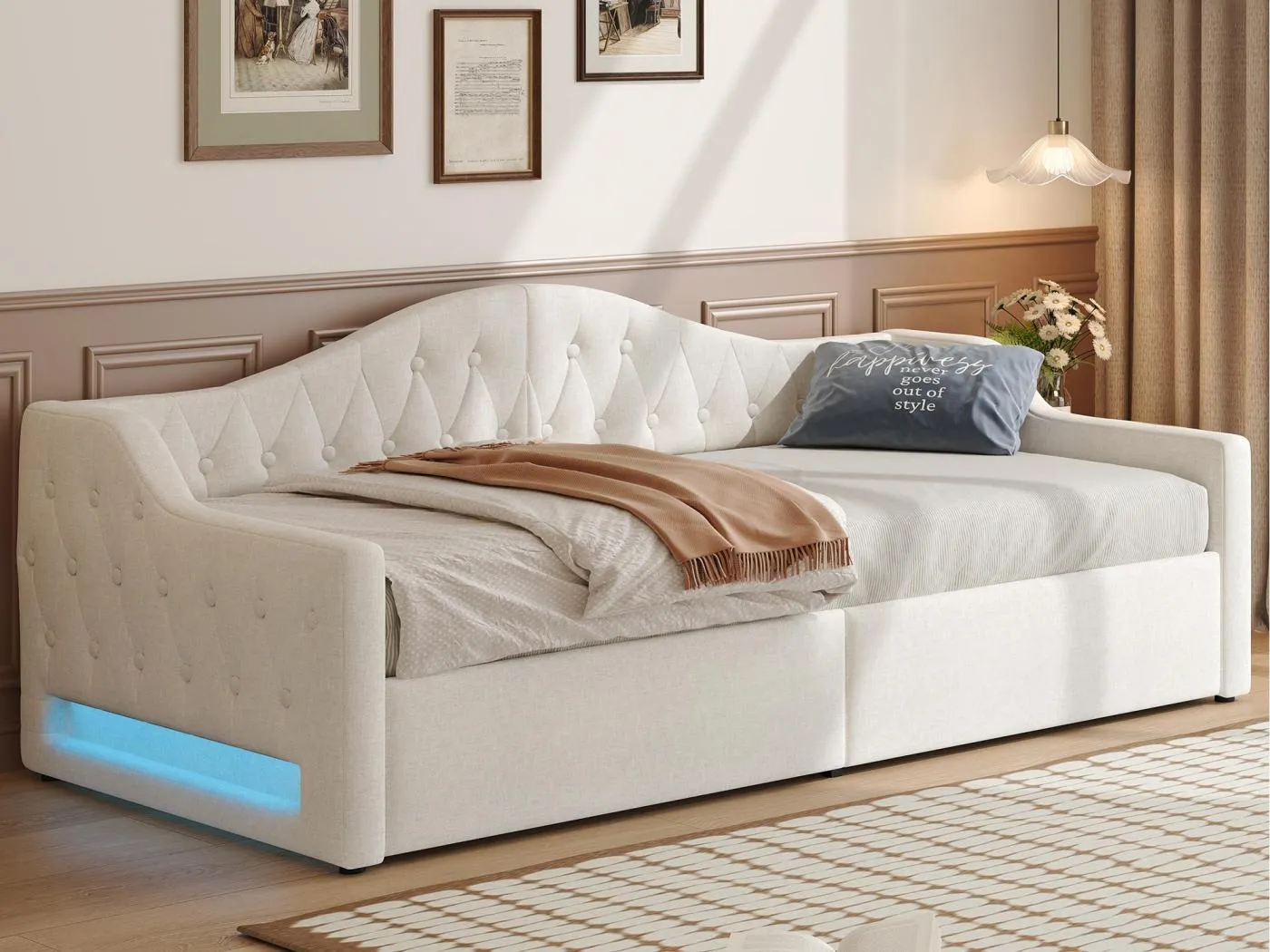 Klappsofa mit Polsterung 90×200 cm - mit LED-Lichtleiste - Stauraum - mit Lattenrost - beige
