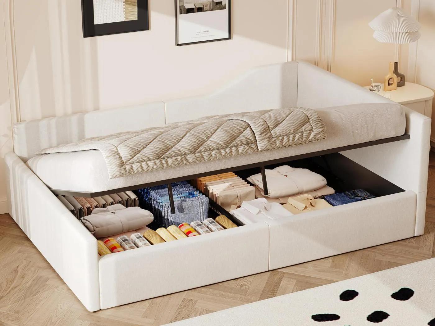 Klappsofa mit Polsterung 140×200 cm - mit Stauraum - mit Lattenrost - MDF+Leinen - beige