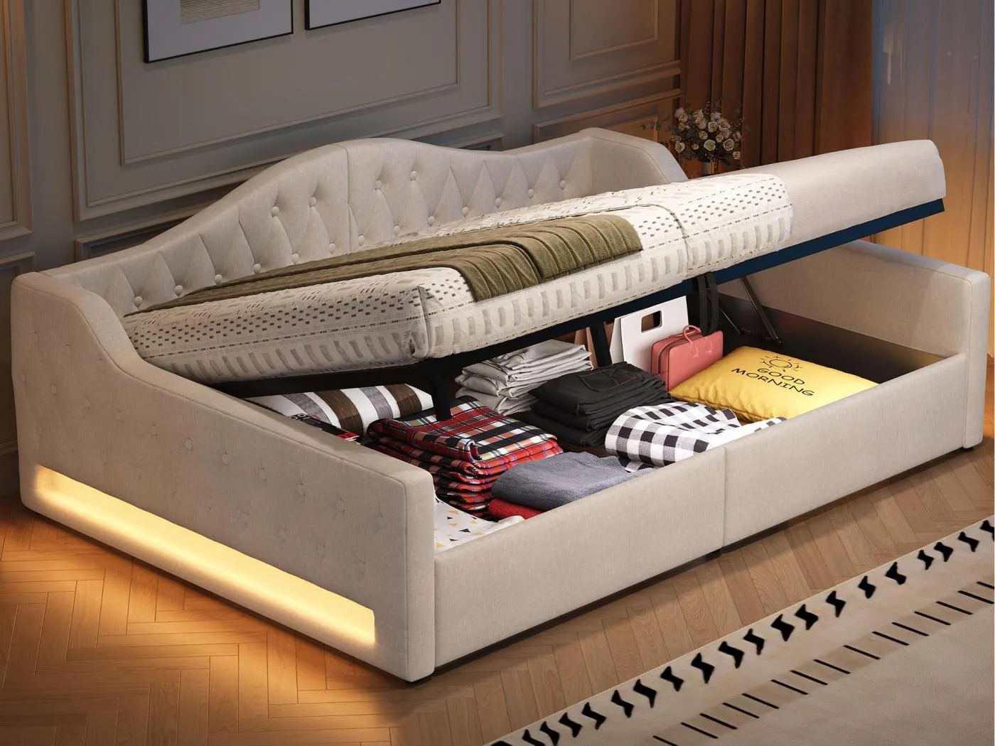 Klappsofa mit Polsterung 140×200 cm - mit LED-Lichtleiste - Stauraum - mit Lattenrost - beige