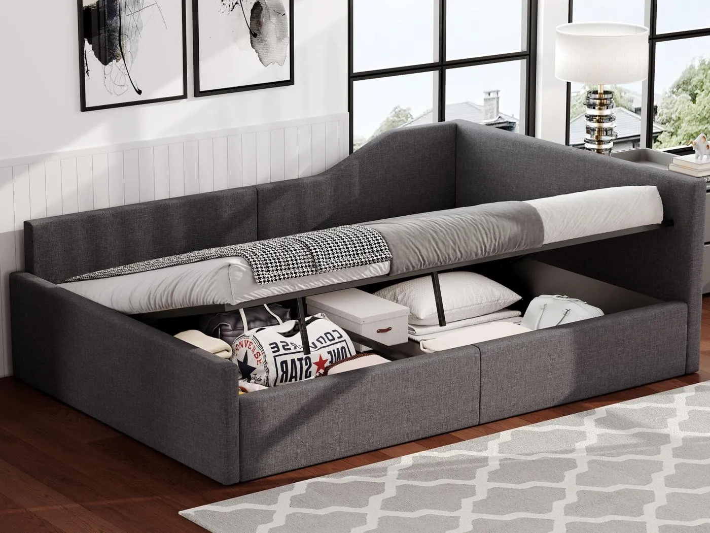 Klappsofa mit Polsterung 140×200 cm - mit Stauraum - mit Lattenrost - MDF+Leinen - grau