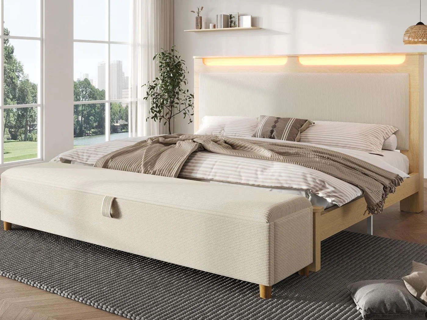Holz-Doppelbett 160×200 cm - mit gepolsterter Aufbankbank - LED-Beleuchtung - Kopfteil mit Staufach - beige