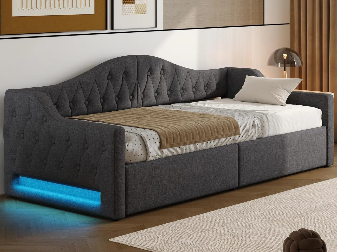 Klappsofa mit Polsterung 90×200 cm - mit LED-Lichtband - Stauraum - mit Lattenrost - grau