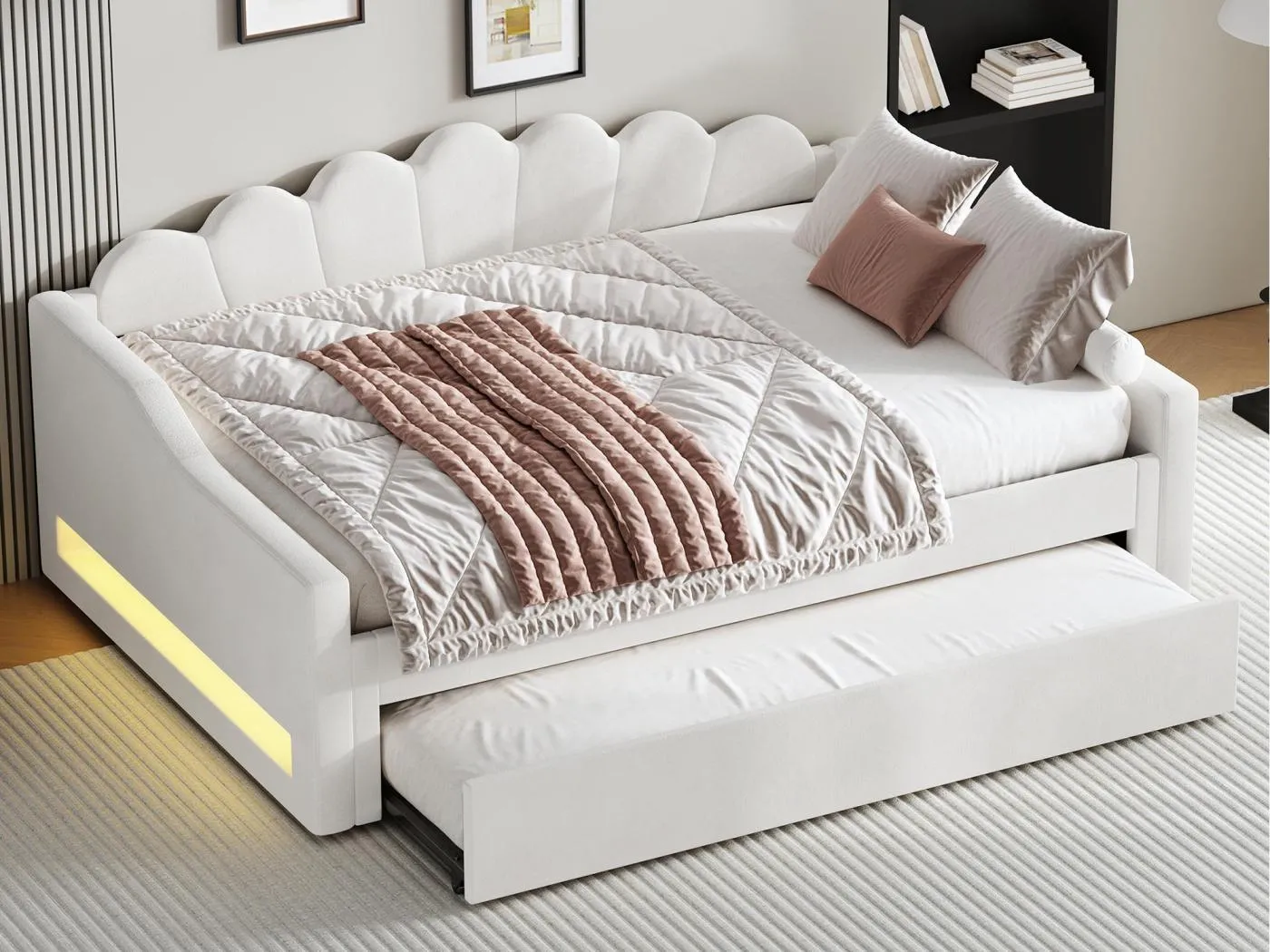 Etagenbett 140×200 cm - mit LED-Lichtleiste - mit Lattenrost - MDF+Leinen - beige