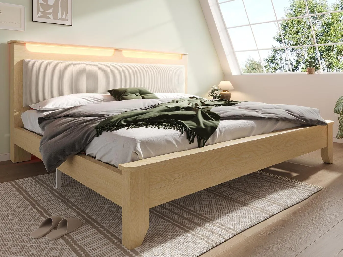 Holz-Doppelbett 140×200 cm - mit LED-Beleuchtung - Kopfteil mit Stauraum - Ripsvelours-Rückenlehne - beige