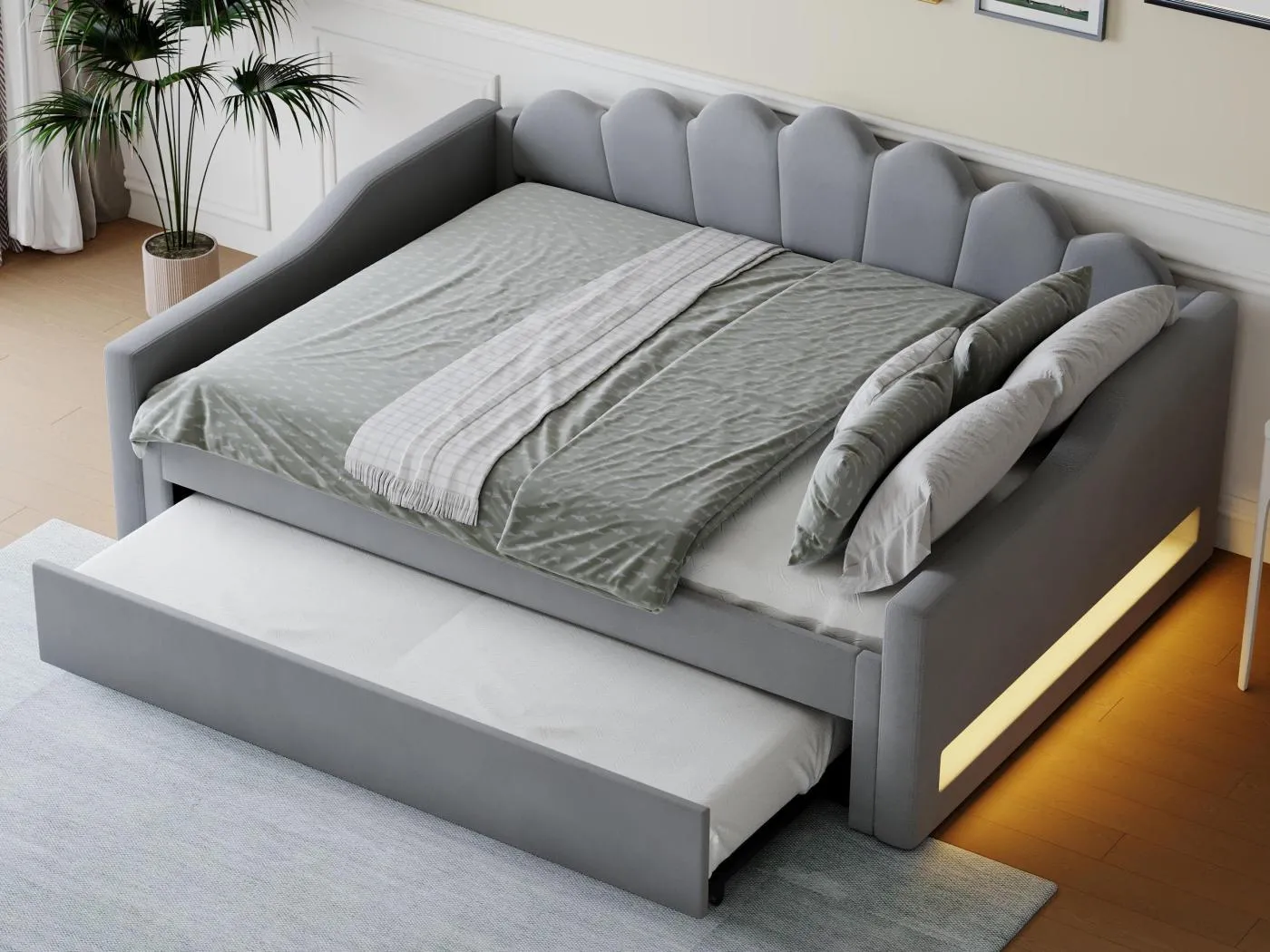 Etagenbett 140×200 cm - mit LED-Lichtleiste - mit Lattenrost - MDF+Leinen - grau