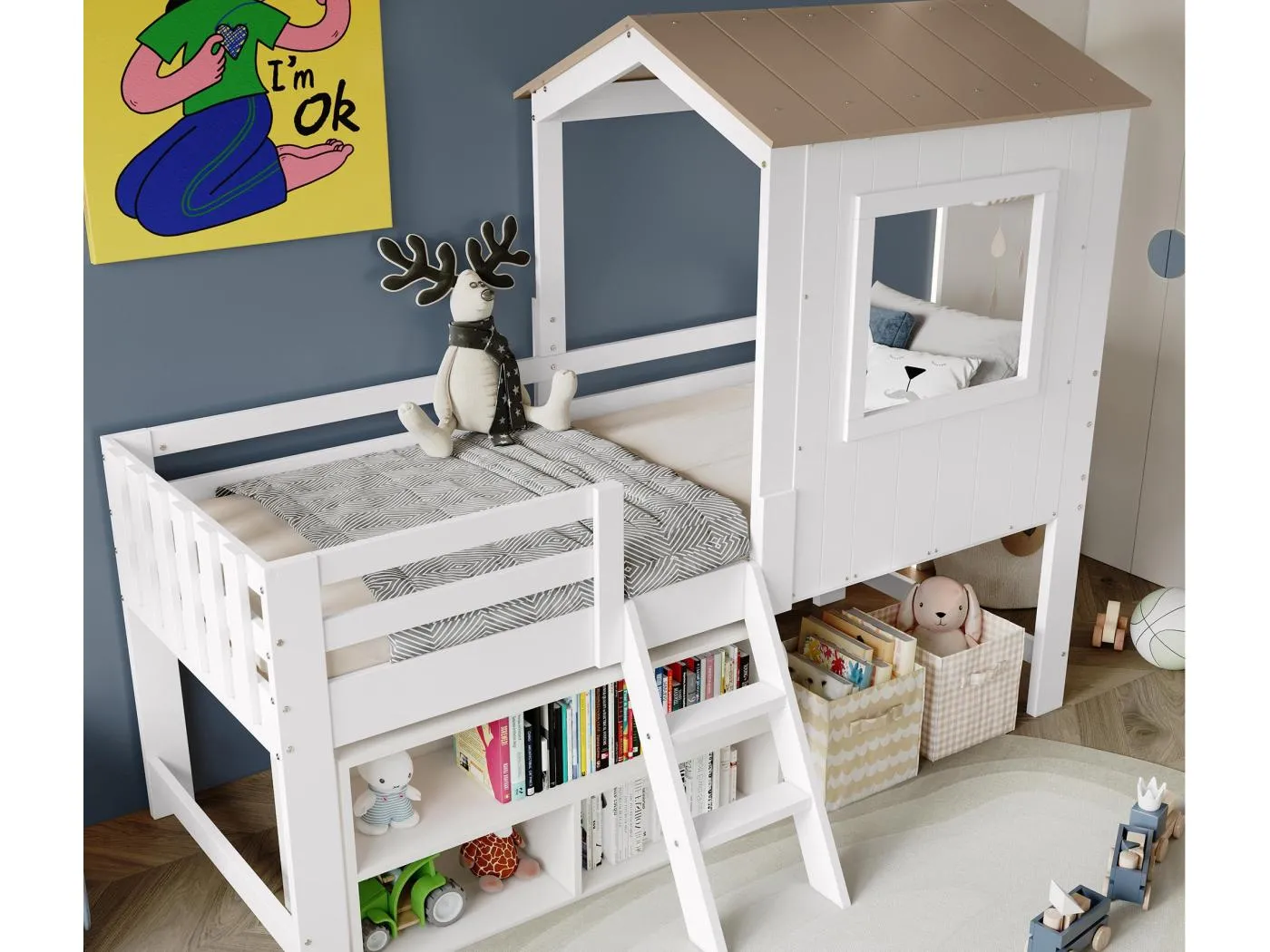 Hochbett 90×200 cm - mit Dach und Schutzgitter - 2-stufige Leiter - Massivholz + MDF - weiß + natur