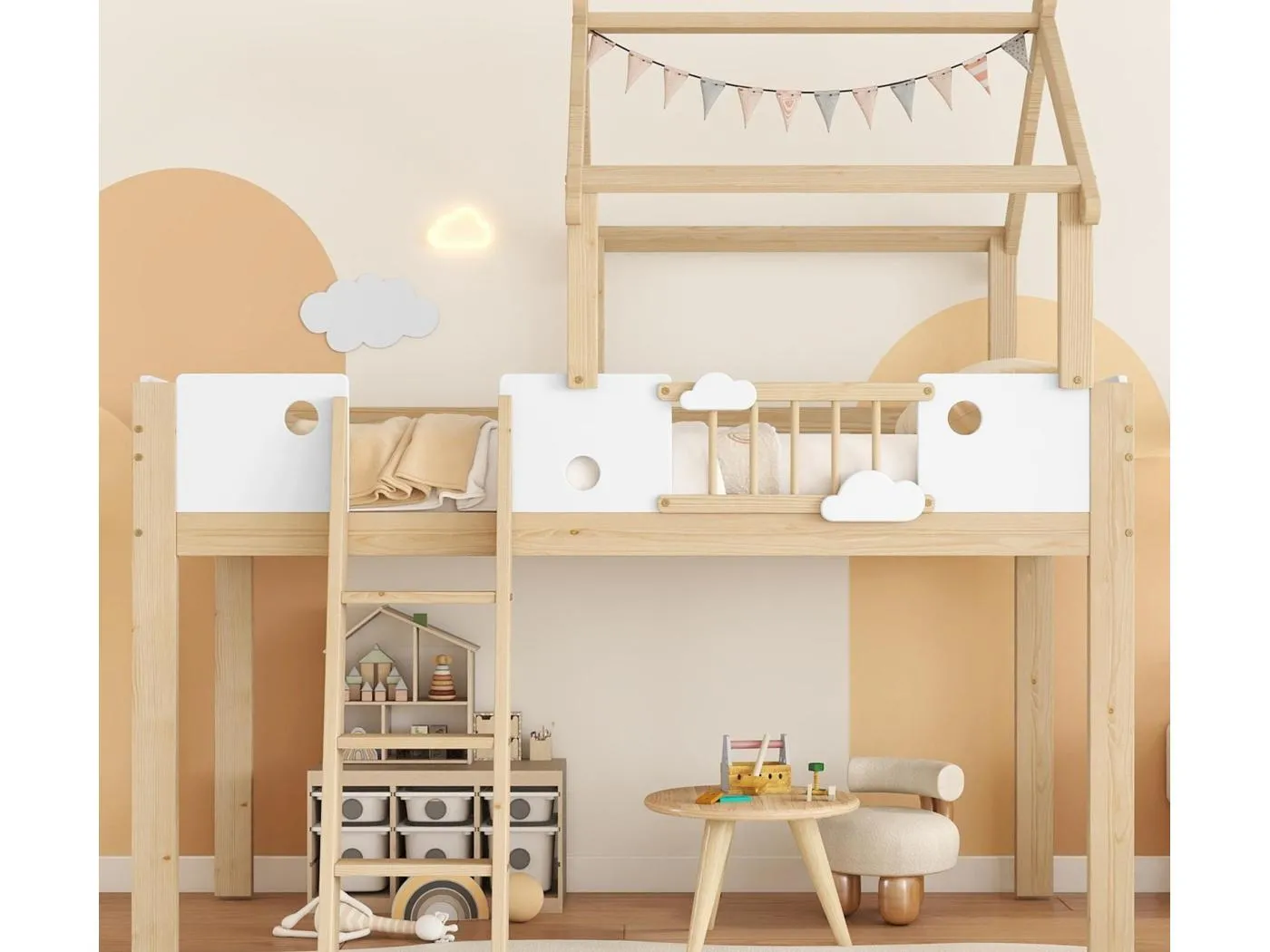 Hochbett 90×200 cm - mit Häuschen-Design und Schutzgitter - 3-stufige Leiter - Massivholz + MDF - natur