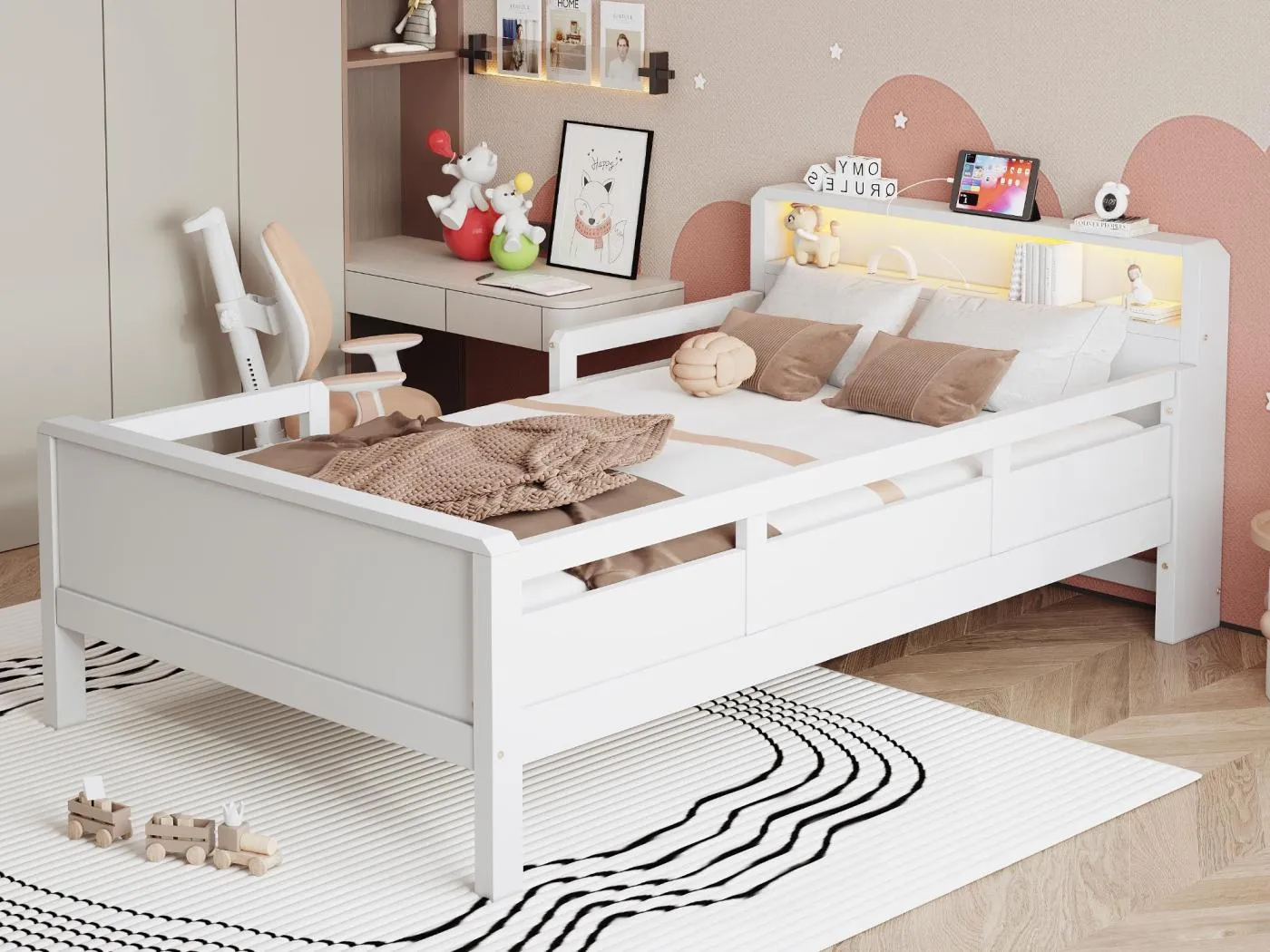 Massivholz-Bett 90×200 cm - mit USB + Type-C - mit LED-Nachtlicht - weiß (ohne Matratze)