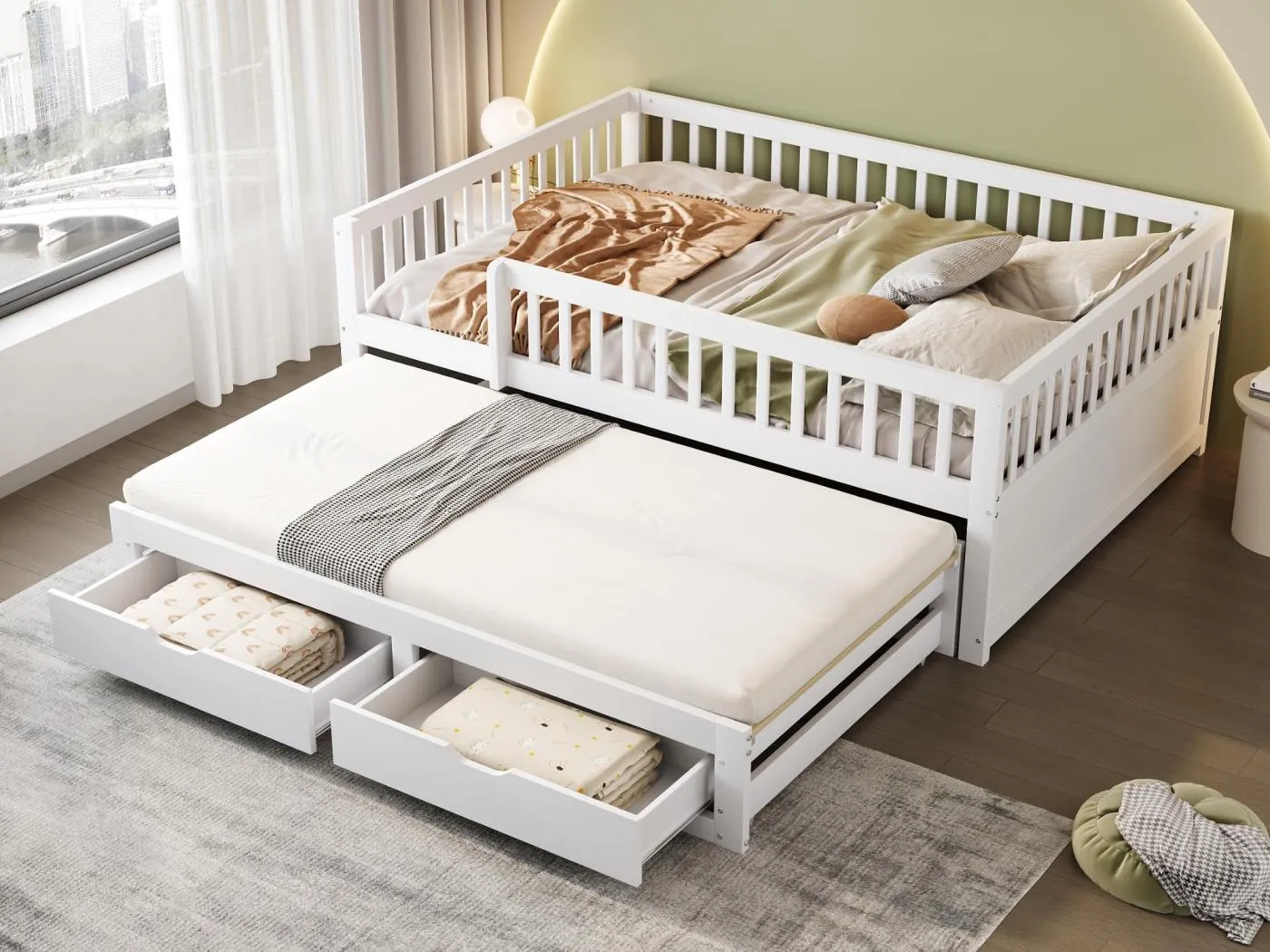 Schlafsofa aus Massivholz 140×200 cm - mit ausziehbett - 2 Schubladen - mit Sicherheitsgittern - weiß (Matratze nicht inbegriffen)