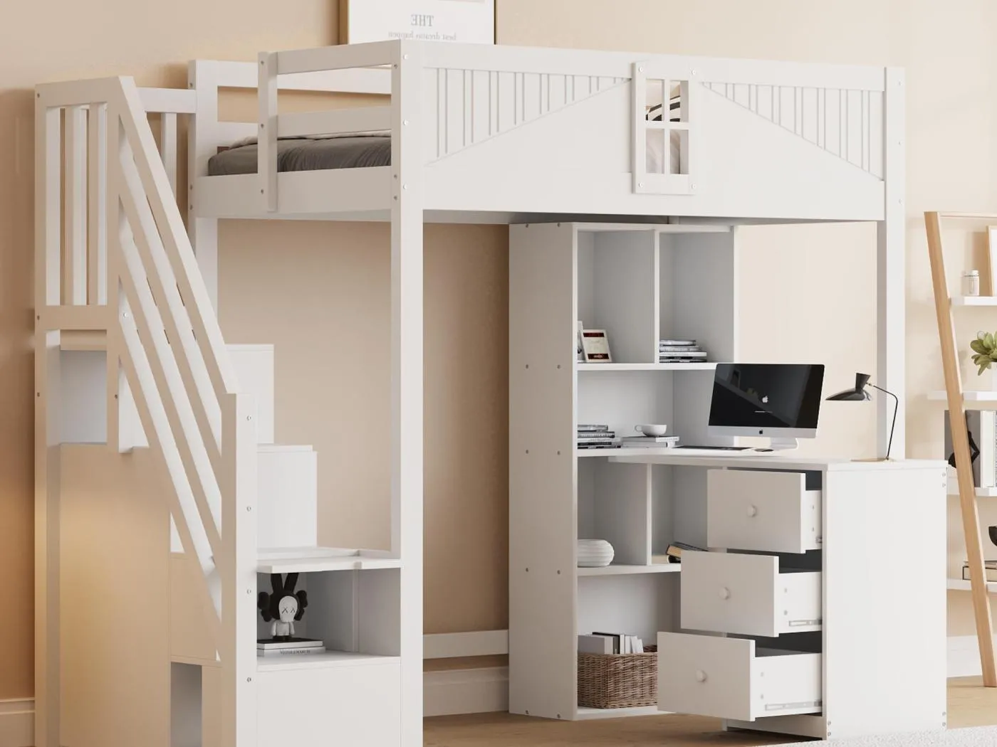 Hochbett 90×200 cm - mit Aufbewahrungsschrank - mit Schreibtisch + 3 Schubladen - mit Sicherheitsgriff - weiß (ohne Matratze)