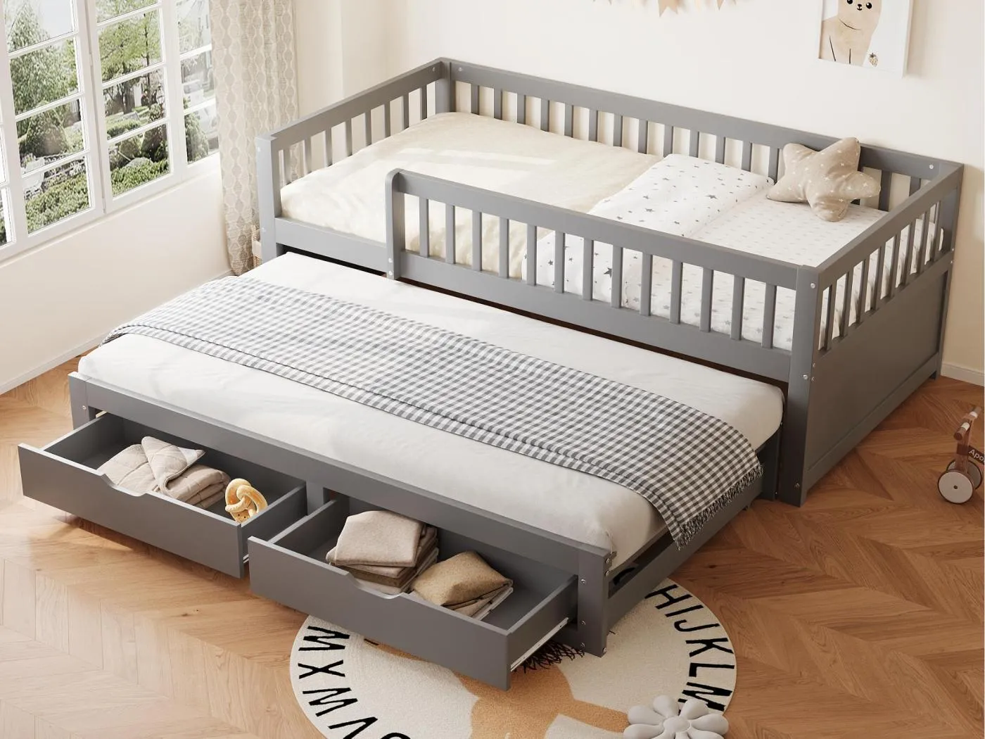 Schlafsofa aus Massivholz 90×200 cm - mit ausziehbett - 2 Schubladen - mit Sicherheitsgittern - grau (Matratze nicht inbegriffen)