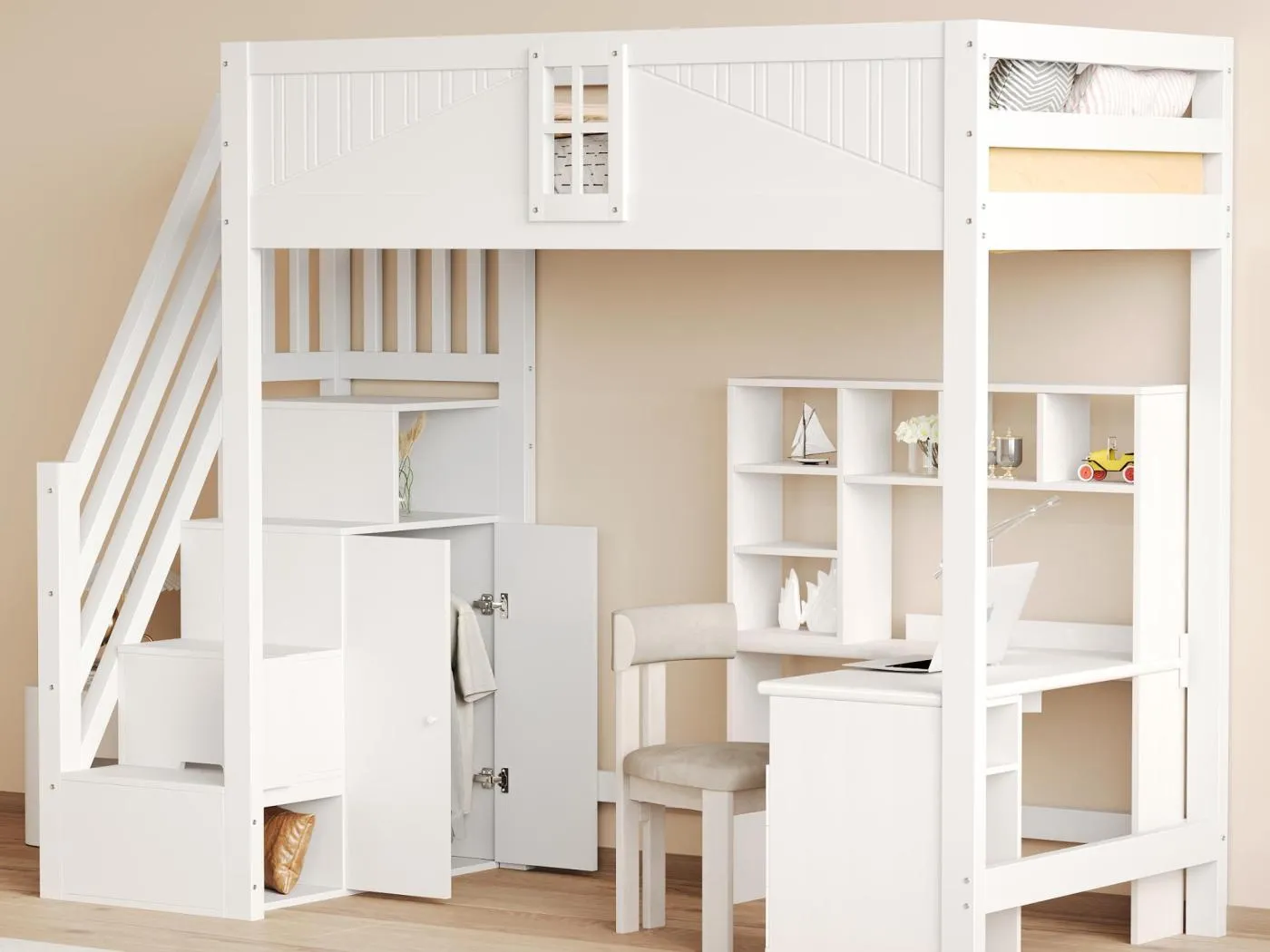 Hochbett 90×200 cm - mit Stauraum - mit Leiter - mit Schutzgitter - mit Schreibtisch - weiß (ohne Matratze)