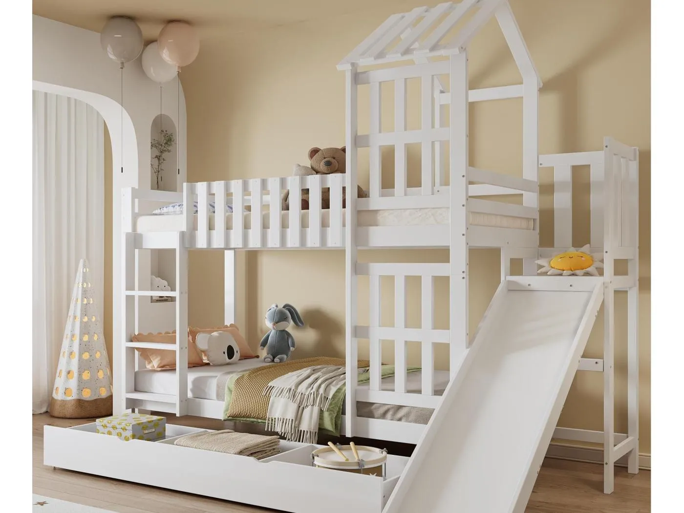 Etagenbett 90×200 cm - mit Rutsche - mit 1 Schublade - mit Dach und Fenstern - Massivholz + MDF - weiß (ohne Matratze)