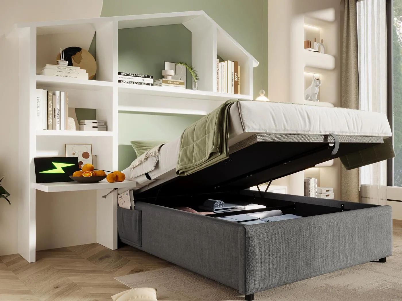 Polsterbett mit Stauraum 90×200 cm - Leinenstoff - mit Ladestationen - mit weißem Bücherregal - grau (ohne Matratze)