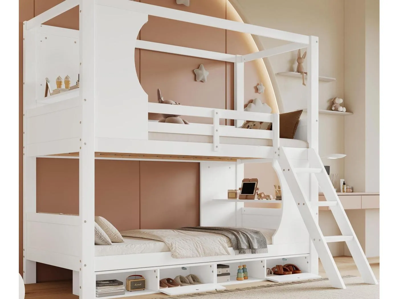 Etagenbett 90×200 cm - mit Sicherheitsleiter - 4-Fach-Schuhschrank - mit Regalböden - Massivholz + MDF - weiß