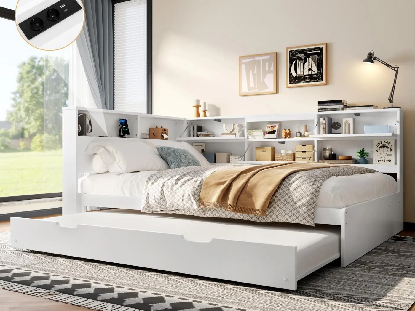 Schlafsofa 140×200 cm - mit USB + Type-C - mit Stauraum - mit Ausziehbett - weiß (Matratze nicht inbegriffen)