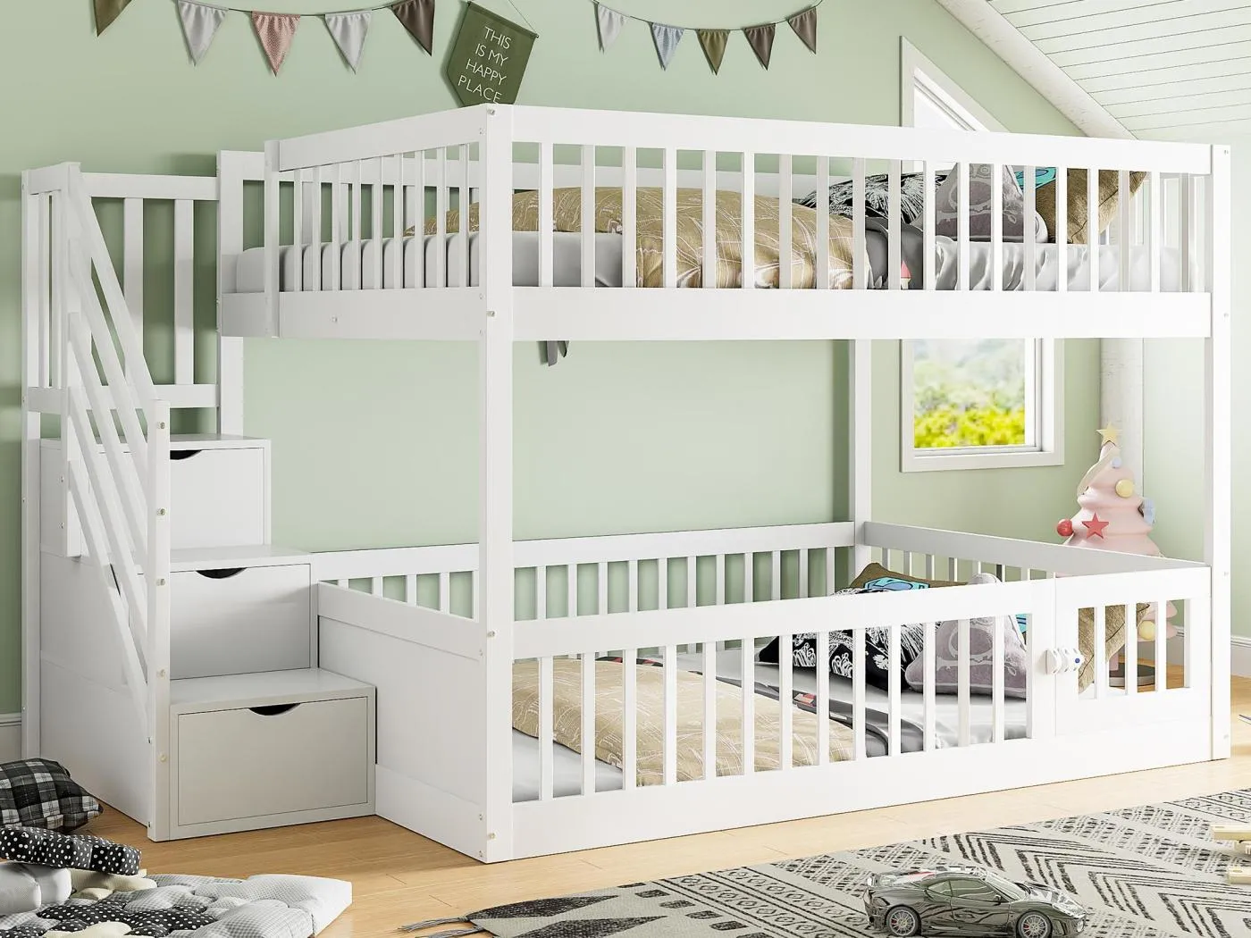 Etagenbett 140×200 cm - mit Sicherheitstreppe - mit 3 Schubladen - weiß (Matratze nicht inbegriffen)