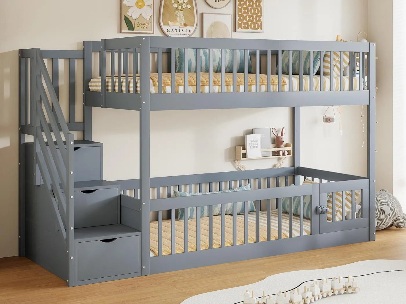 Etagenbett 90×200 cm - mit Sicherheitstreppe - mit 3 Schubladen - grau (Matratze nicht inbegriffen)