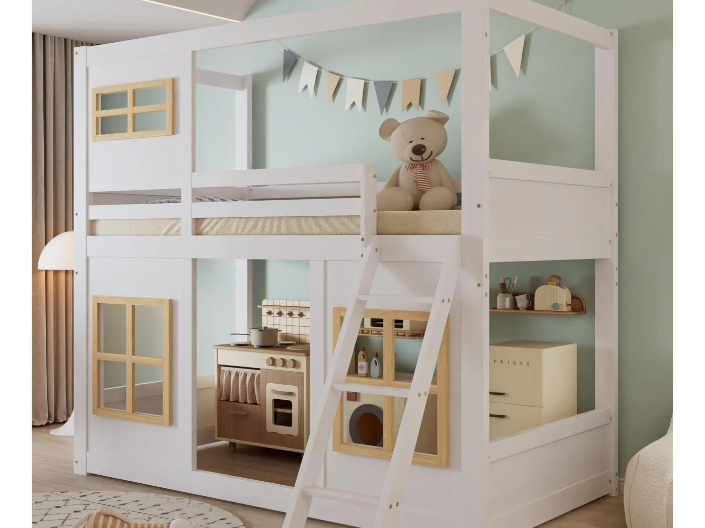 Etagenbett 90×200 cm - mit Fenstern und Schutzgittern - mit 3-stufiger Leiter - Massivholz + MDF - weiß (ohne Matratze)