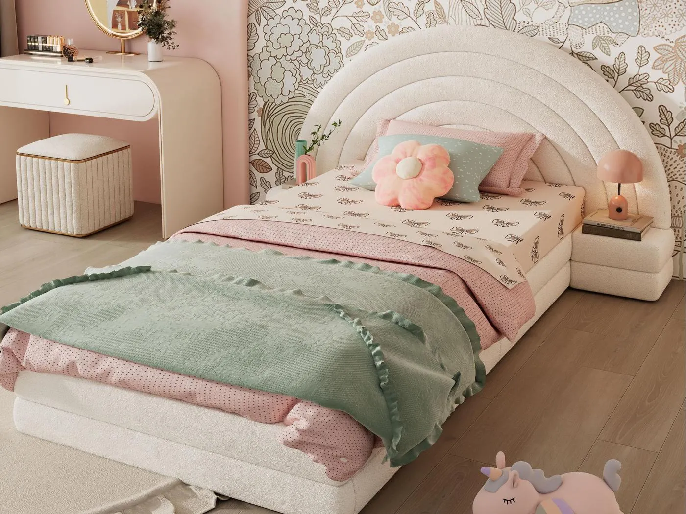 Gepolstertes Einzelbett 90×200 cm - Regenbogen-Kopfteil - mit 2 Nachttischen - Wolle-Imitat - beige (Matratze nicht inbegriffen)