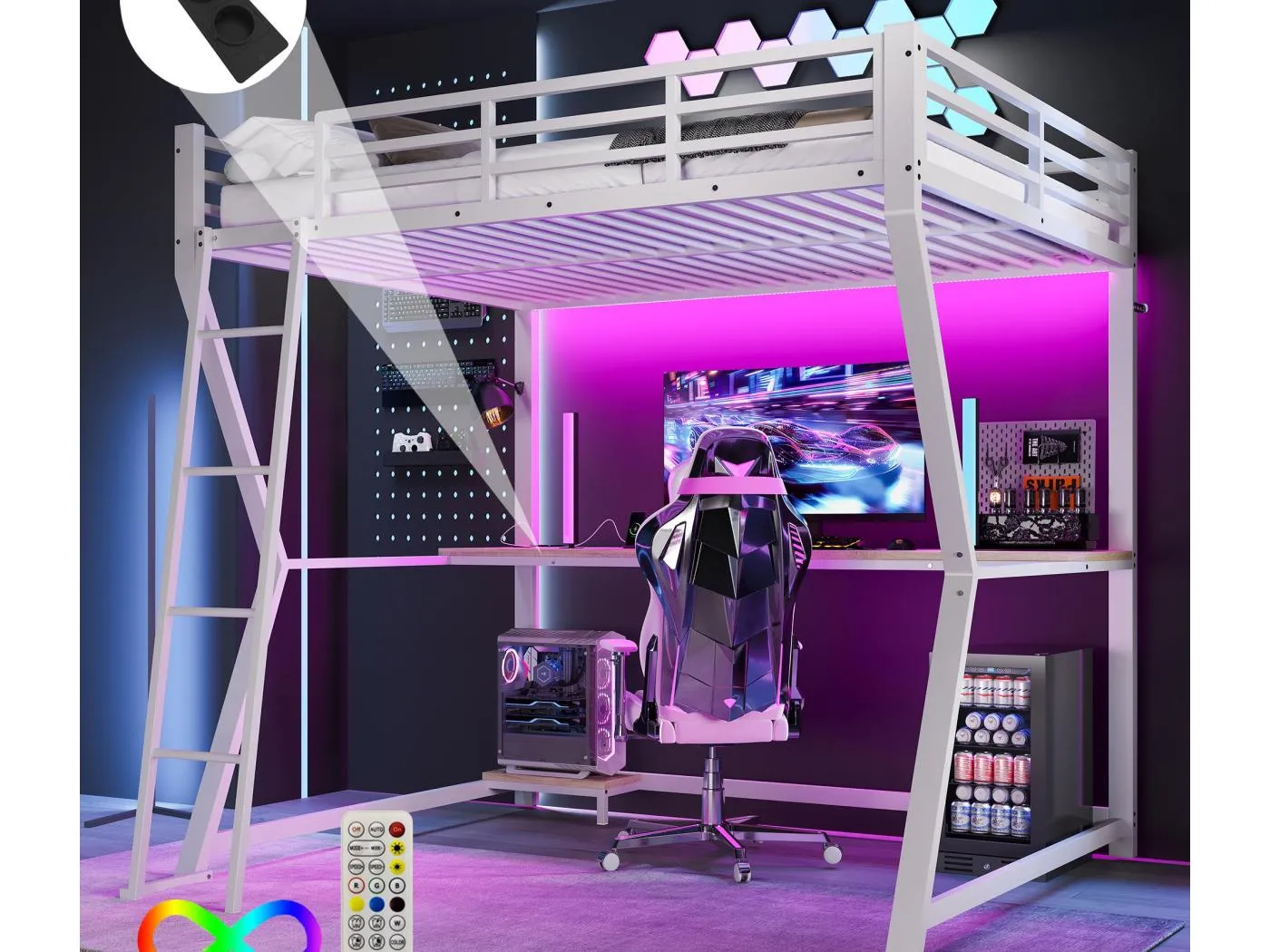 Hochbett 140×200 cm - mit LED-Beleuchtung - mit Schreibtisch - Steckdose + USB - mit Treppe - weiß