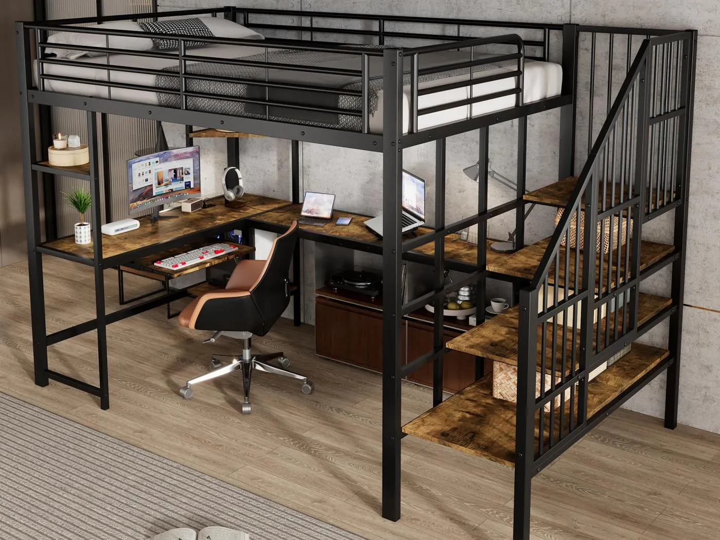 Hochbett 120×200 cm - mit Ladestation - mit Schreibtisch und Regal - Metall + MDF - schwarz + natur