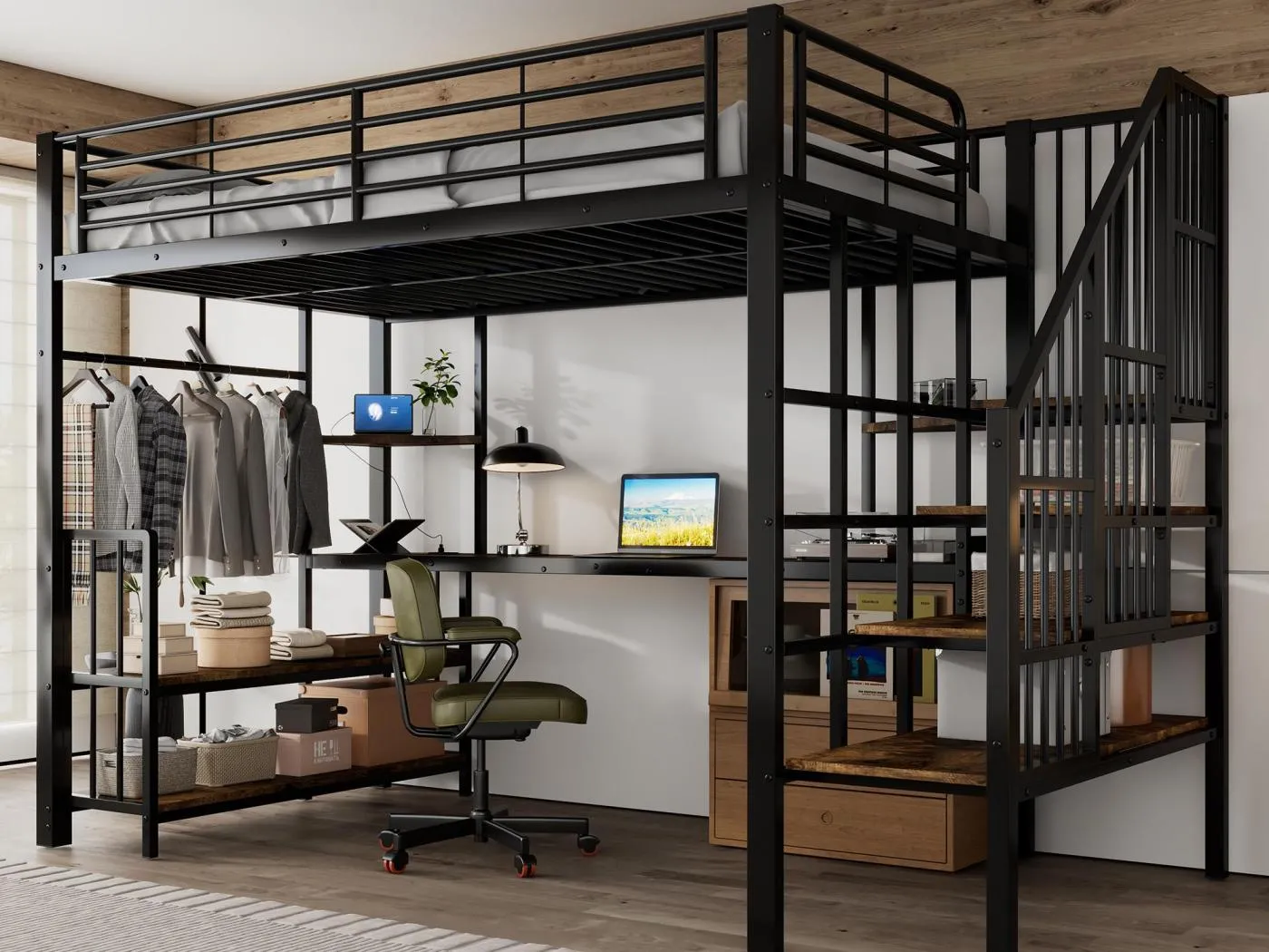 Hochbett 120×200 cm - mit Ladestation - mit Schreibtisch, Regal und Kleiderhaken - Metall + MDF - schwarz + natur