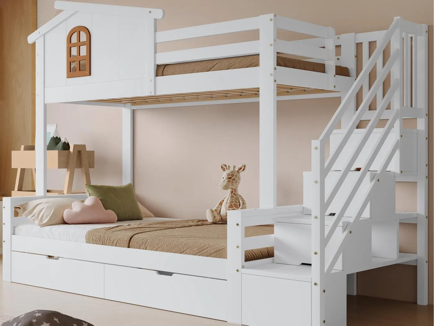 Etagenbett 90×200 cm - mit 2 Schubladen - mit Fenstern - Treppe mit Stauraum - Massivholz + MDF - weiß (ohne Matratze)