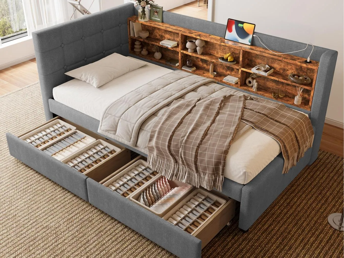 Schlafsofa 90×200 cm - mit 2 Schubladen - USB + Type-C Anschluss - mit Staufach - Leinen - grau (Matratze nicht inbegriffen)