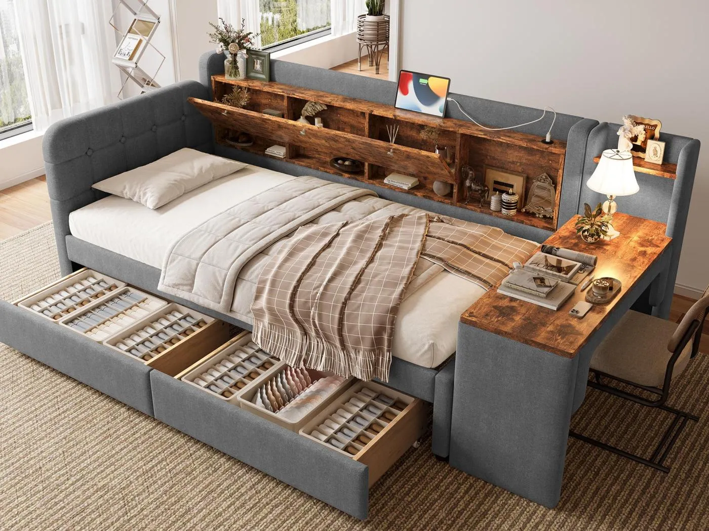 Schlafsofa 90×200 cm - mit 2 Schubladen - mit Schreibtisch - mit USB + Type-C Anschlüssen - Staufach - grau (Matratze nicht inbegriffen)