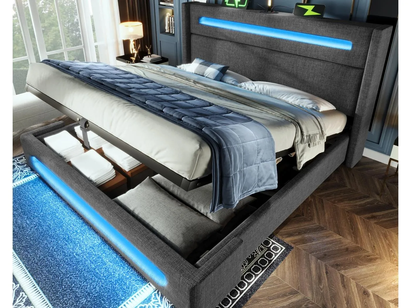 Gepolstertes Stauraumbett 160x200 cm - mit LED und USB-Ladeanschlüssen - Leinenstoff - Mit Lattenrost - Grau (ohne Matratze)