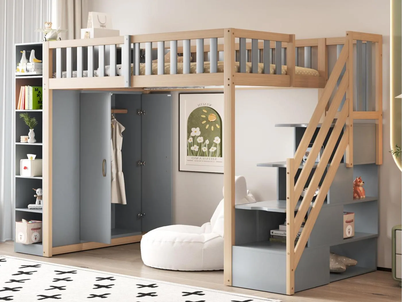 Hochbett 90×200 cm - mit Schutzgittern - mit Stauraum - mit Sicherheitsleiter - weiß + natur (Matratze nicht inbegriffen)